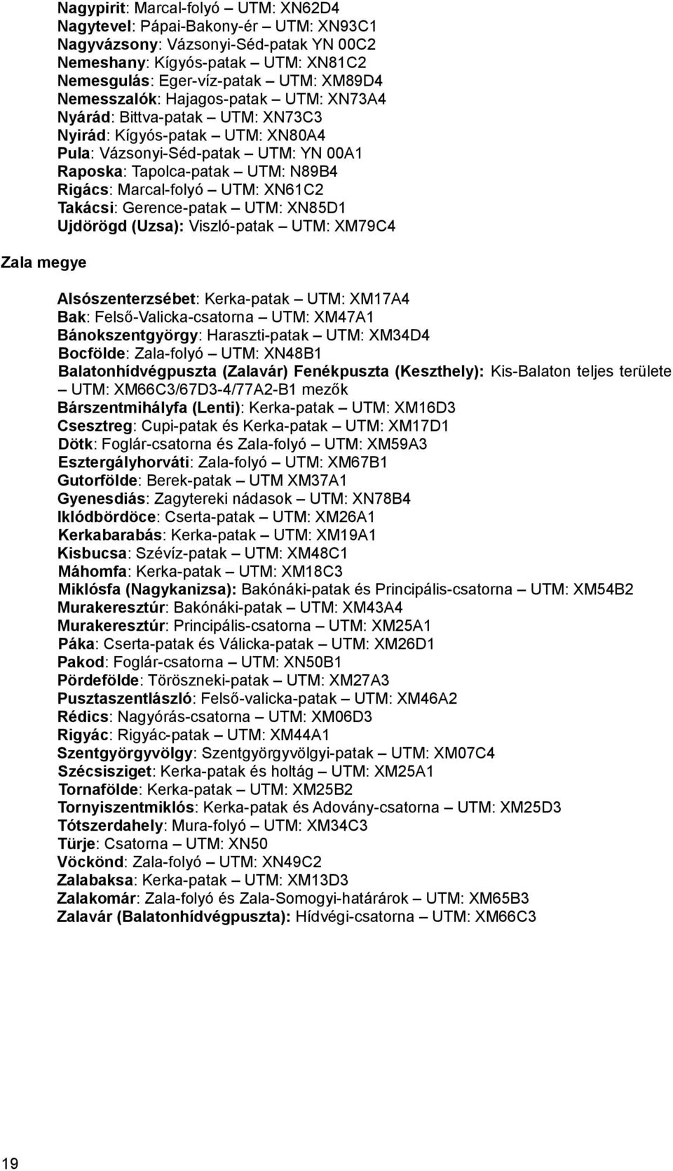 Marcal-folyó UTM: XN61C2 Takácsi: Gerence-patak UTM: XN85D1 Ujdörögd (Uzsa): Viszló-patak UTM: XM79C4 Alsószenterzsébet: Kerka-patak UTM: XM17A4 Bak: Felső-Valicka-csatorna UTM: XM47A1