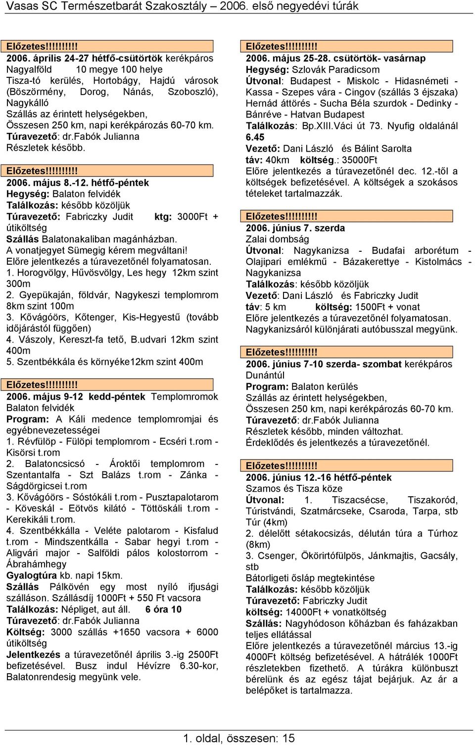 Szoboszló), Kassa - Szepes vára - Cingov (szállás 3 éjszaka) Nagykálló Hernád áttörés - Sucha Béla szurdok - Dedinky - Szállás az érintett helységekben, Bánréve - Hatvan Budapest Összesen 250 km,