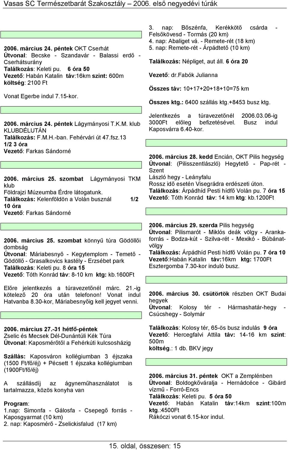 fsz.13 1/2 3 óra 2006. március 25. szombat Lágymányosi TKM klub Földrajzi Múzeumba Érdre látogatunk. Találkozás: Kelenföldön a Volán busznál 1/2 10 óra 2006. március 25. szombat könnyű túra Gödöllői dombság Útvonal: Máriabesnyő - Kegytemplom - Temető - Gödöllő - Grasalkovics kastély - Erzsébet park Találkozás: Keleti pu.