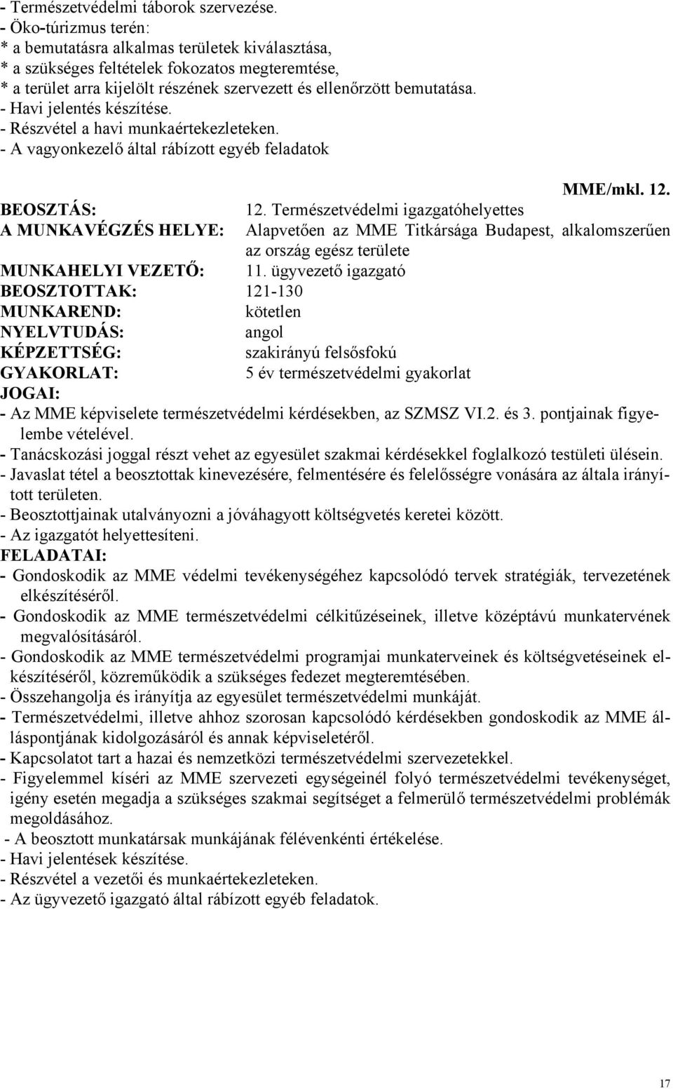 - Havi jelentés készítése. - Részvétel a havi munkaértekezleteken. - A vagyonkezelő által rábízott egyéb feladatok MME/mkl. 12.