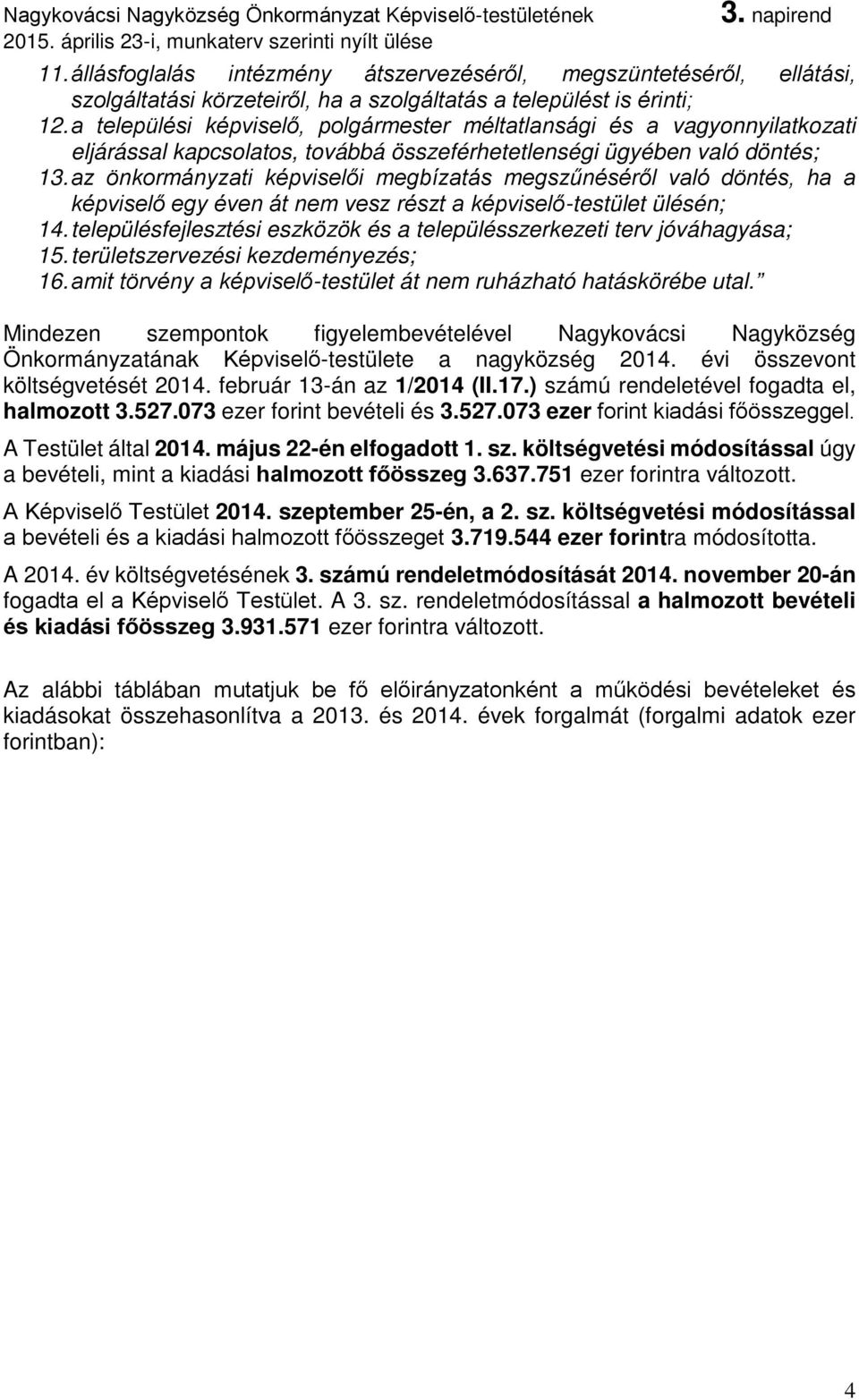 az önkormányzati képviselői megbízatás megszűnéséről való döntés, ha a képviselő egy éven át nem vesz részt a képviselő-testület ülésén; 14.