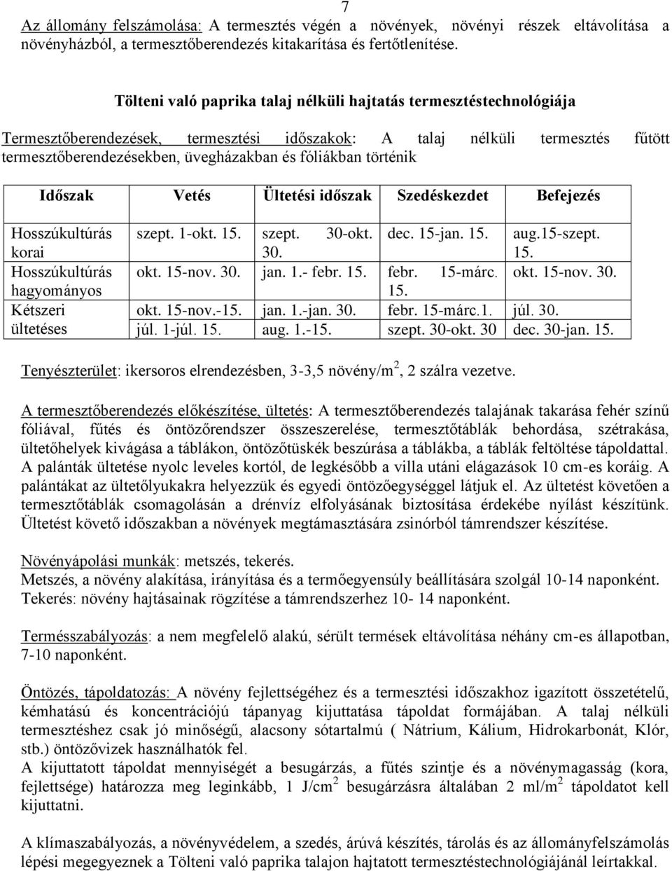 történik Időszak Vetés Ültetési időszak Szedéskezdet Befejezés Hosszúkultúrás korai Hosszúkultúrás hagyományos Kétszeri ültetéses szept. 1-okt. 15. szept. 30-okt. dec. 15-jan. 15. aug.15-szept. 30. 15. okt.