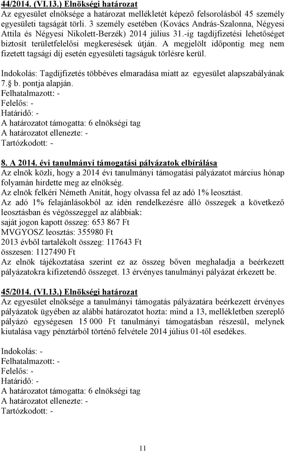 A megjelölt időpontig meg nem fizetett tagsági díj esetén egyesületi tagságuk törlésre kerül. Indokolás: Tagdíjfizetés többéves elmaradása miatt az egyesület alapszabályának 7. b. pontja alapján. 8.