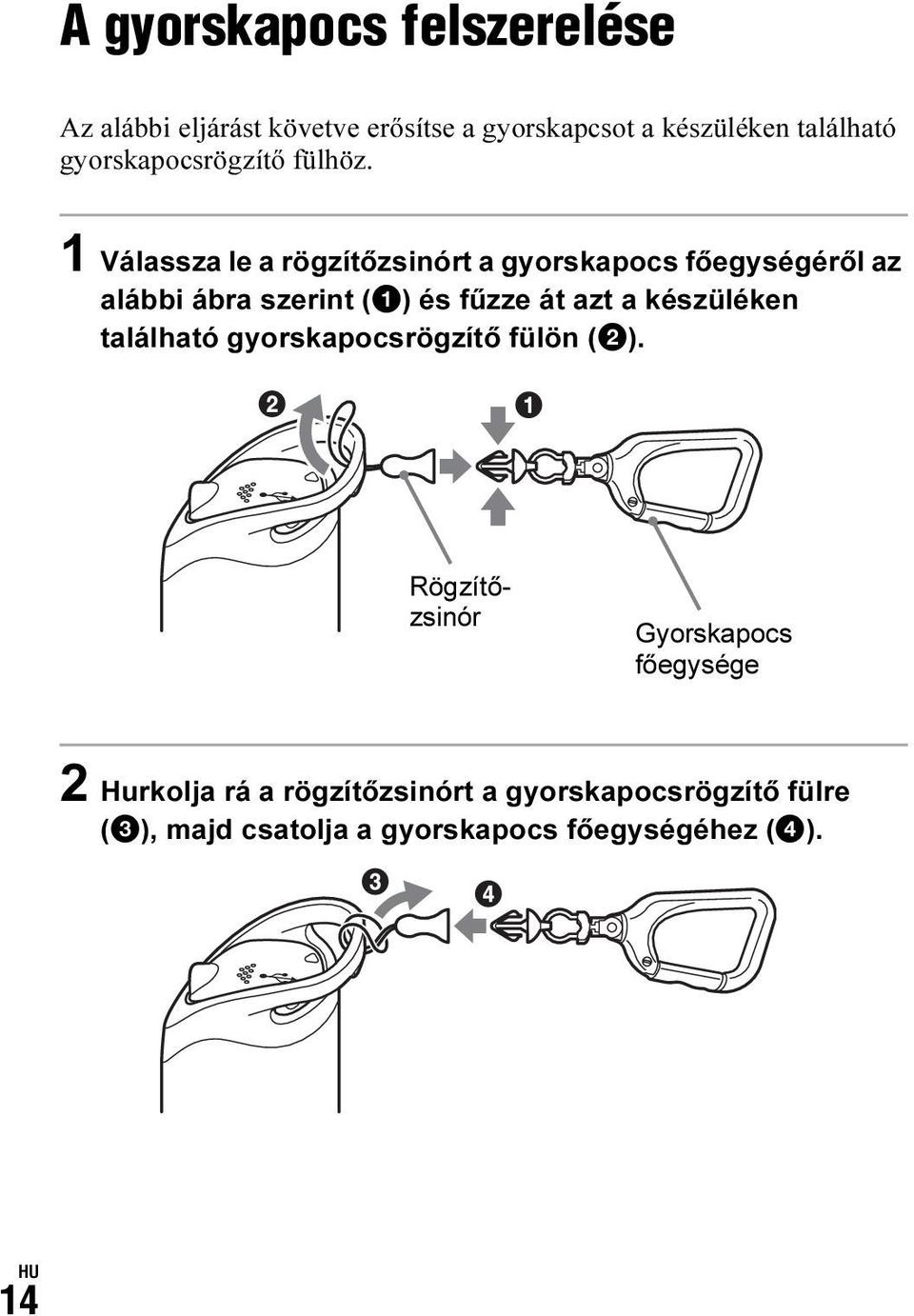 1 Válassza le a rögzítőzsinórt a gyorskapocs főegységéről az alábbi ábra szerint (1) és fűzze át azt a