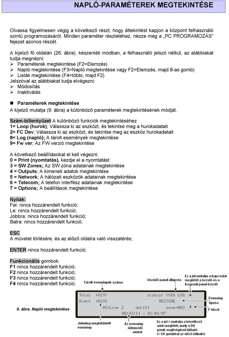 ábra), készenléti módban, a felhasználó jelszó nélkül, az alábbiakat tudja megnézni: Paraméterek megtekintése (F2=Elemzés) Napló megtekintése (F3=Napló megtekintése vagy F2=Elemzés, majd 8-as gomb)