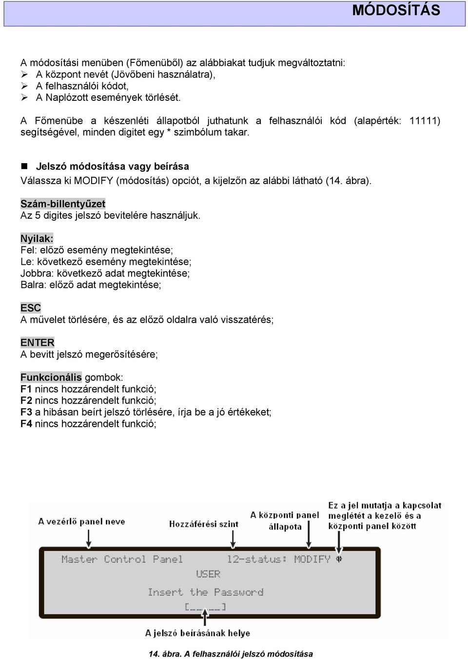Jelszó módosítása vagy beírása Válassza ki MODIFY (módosítás) opciót, a kijelzőn az alábbi látható (14. ábra). Az 5 digites jelszó bevitelére használjuk.