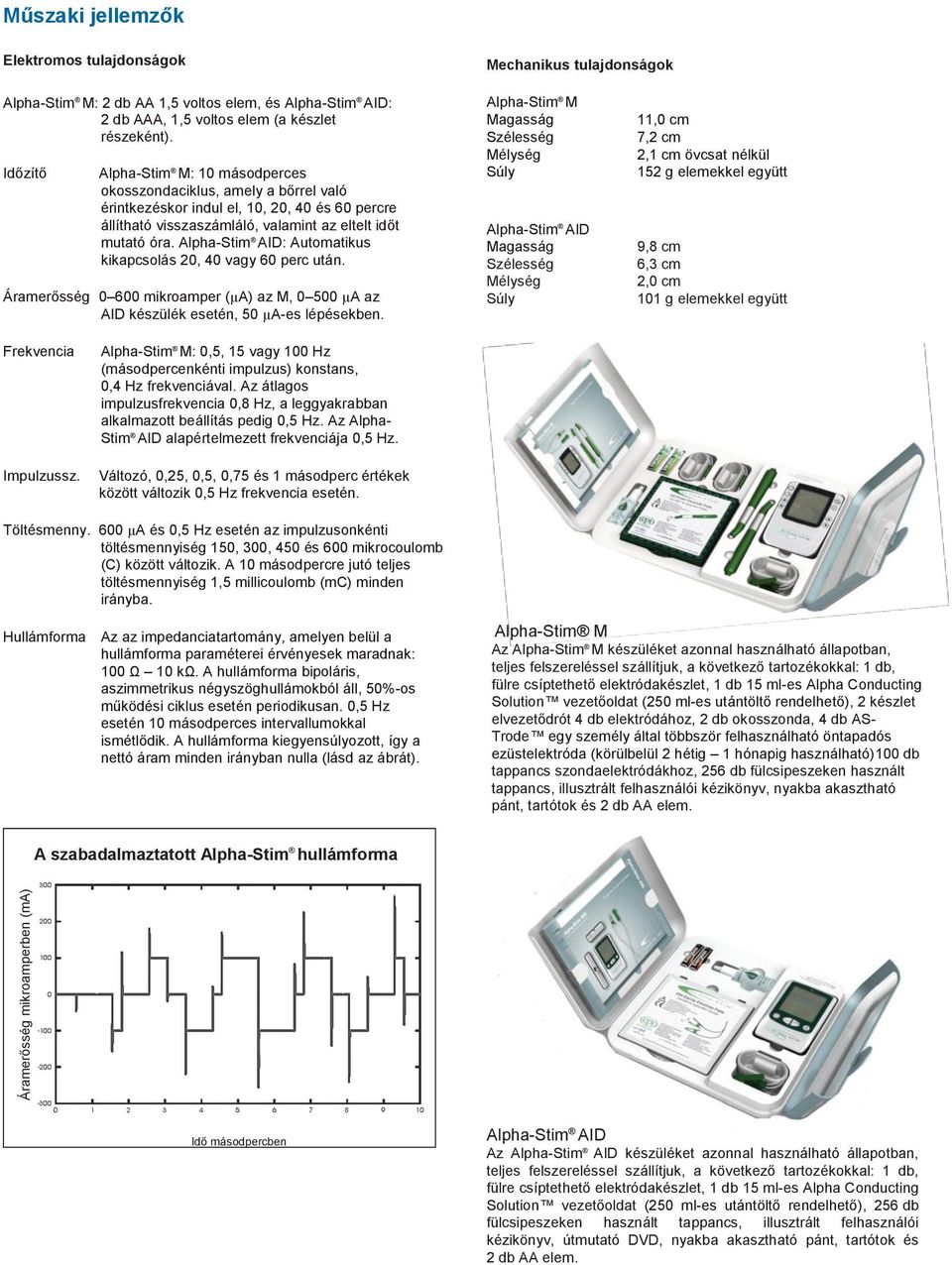 Alpha-Stim AID: Automatikus kikapcsolás 20, 40 vagy 60 perc után. Áramerősség 0 600 mikroamper (µa) az M, 0 500 µa az AID készülék esetén, 50 µa-es lépésekben.