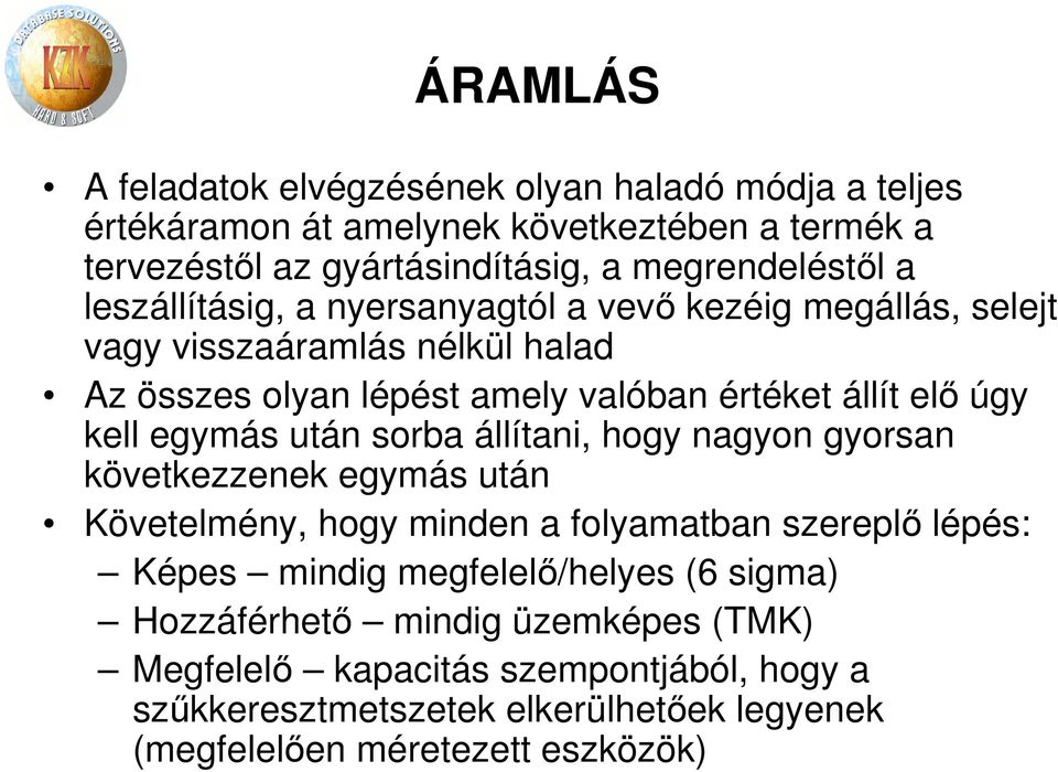 egymás után sorba állítani, hogy nagyon gyorsan következzenek egymás után Követelmény, hogy minden a folyamatban szereplő lépés: Képes mindig megfelelő/helyes