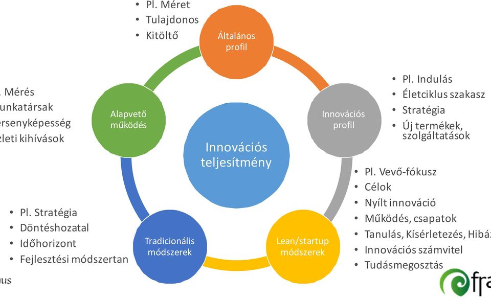 Lean/startup módszerek Innovációs profil Pl. Indulás Életciklus szakasz Stratégia Új termékek, szolgáltatások Pl.