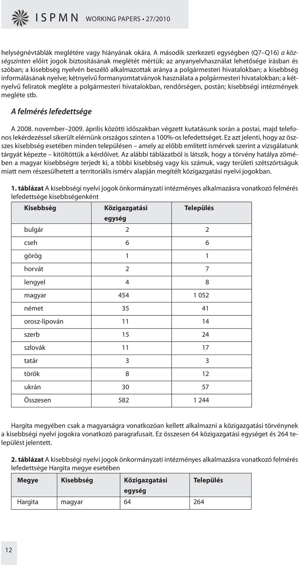 aránya a polgármesteri hivatalokban; a kisebbség informálásának nyelve; kétnyelvű formanyomtatványok használata a polgármesteri hivatalokban; a kétnyelvű feliratok megléte a polgármesteri