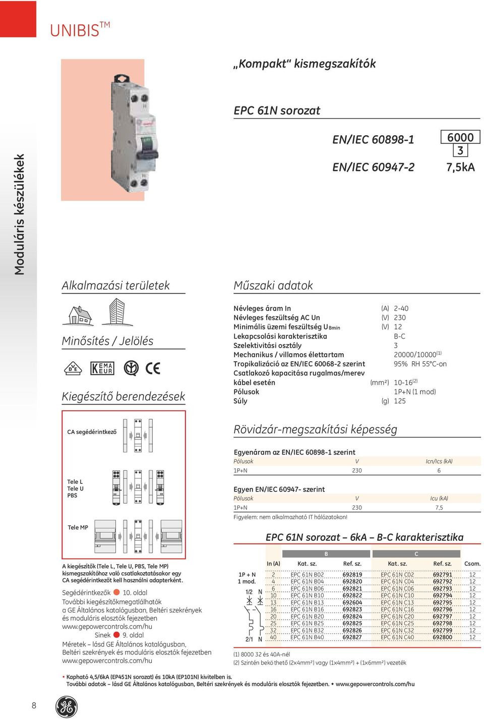 EN/IEC 008 szerint 95% RH 55 Con Csatlakozó kapacitása rugalmas/merev kábel esetén (mm²) 0 () Pólusok P+N ( mod) Súly (g) 5 CA segédérintkező Rövidzármegszakítási képesség Tele L Tele U PBS Tele MP A