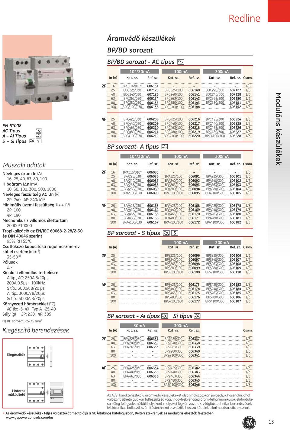 () Pólusok, Kioldási ellenállás terhelésre A típ., AC: A 8/0µs; 00A 0.5µs 00kHz S típ.: 000A 8/0 µs Ai típ.: 000A 8/0µs Si típ.