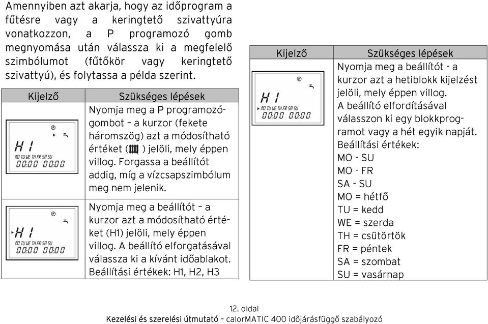 Forgassa a beállítót addig, míg a vízcsapszimbólum meg nem jelenik. Nyomja meg a beállítót a kurzor azt a módosítható értéket (H1) jelöli, mely éppen villog.