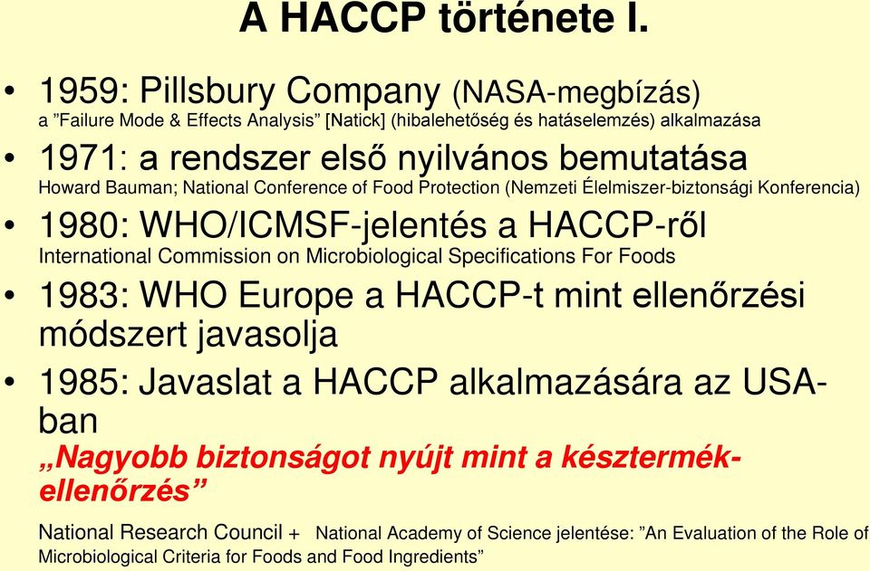 Bauman; National Conference of Food Protection (Nemzeti Élelmiszer-biztonsági Konferencia) 1980: WHO/ICMSF-jelentés a HACCP-ről International Commission on Microbiological