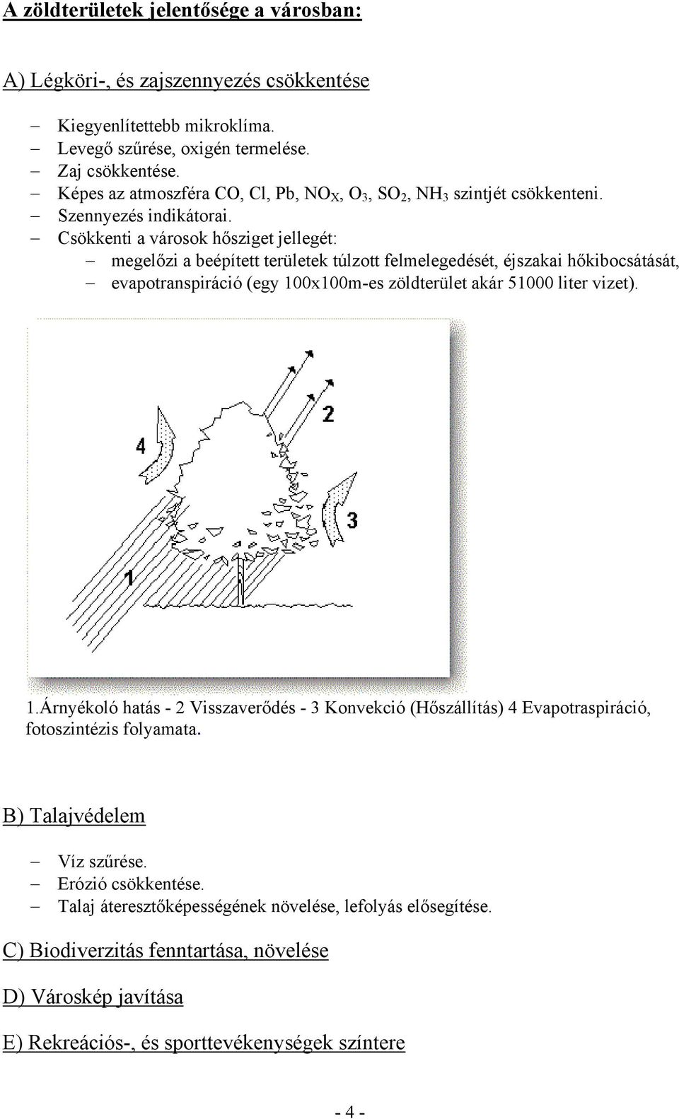 Csökkenti a városok hősziget jellegét: megelőzi a beépített területek túlzott felmelegedését, éjszakai hőkibocsátását, evapotranspiráció (egy 10