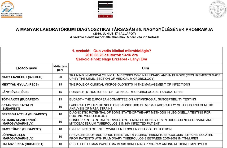 26 csütörtök 13-16 óra Szekció elnök: Nagy Erzsébet - Lányi Éva Cím TRAINING IN MEDICAL/CLINICAL MICROBIOLOGY IN HUNGARY AND IN EUROPE (REQUIREMENTS MADE UP BY THE UEMS, SECTION OF MEDICAL