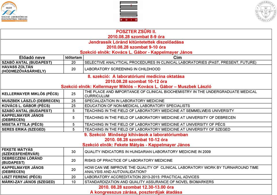 (PÉCS) 25 20 LABORATORY SCREENING IN CHILDHOOD 8. szekció: A laboratóriumi medicina oktatása 20.08.28 szombat -12 óra Szekció elnök: Kellermayer Miklós Kovács L.