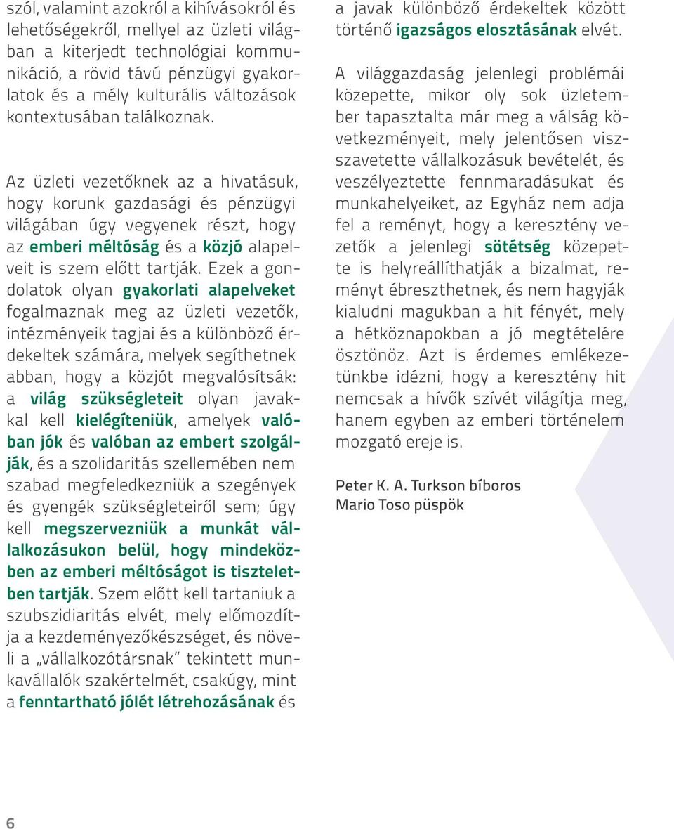 Ezek a gondolatok olyan gyakorlati alapelveket fogalmaznak meg az üzleti vezetők, intézményeik tagjai és a különböző érdekeltek számára, melyek segíthetnek abban, hogy a közjót megvalósítsák: a világ