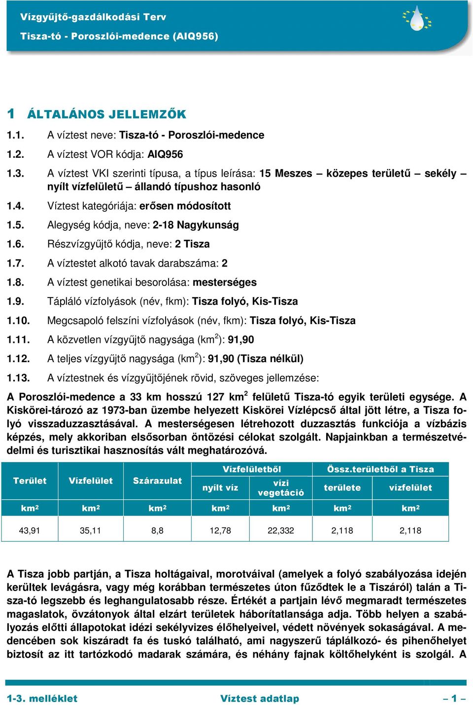 6. Részvízgyűjtő kódja, neve: 2 Tisza 1.7. A víztestet alkotó tavak darabszáma: 2 1.8. A víztest genetikai besorolása: mesterséges 1.9. Tápláló vízfolyások (név, fkm): Tisza folyó, Kis-Tisza 1.10.