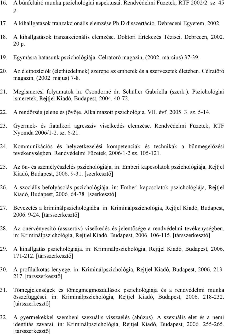 Célratörő magazin, (2002. május) 7-8. 21. Megismerési folyamatok in: Csondorné dr. Schüller Gabriella (szerk.): Pszichológiai ismeretek, Rejtjel Kiadó, Budapest, 2004. 40-72. 22.