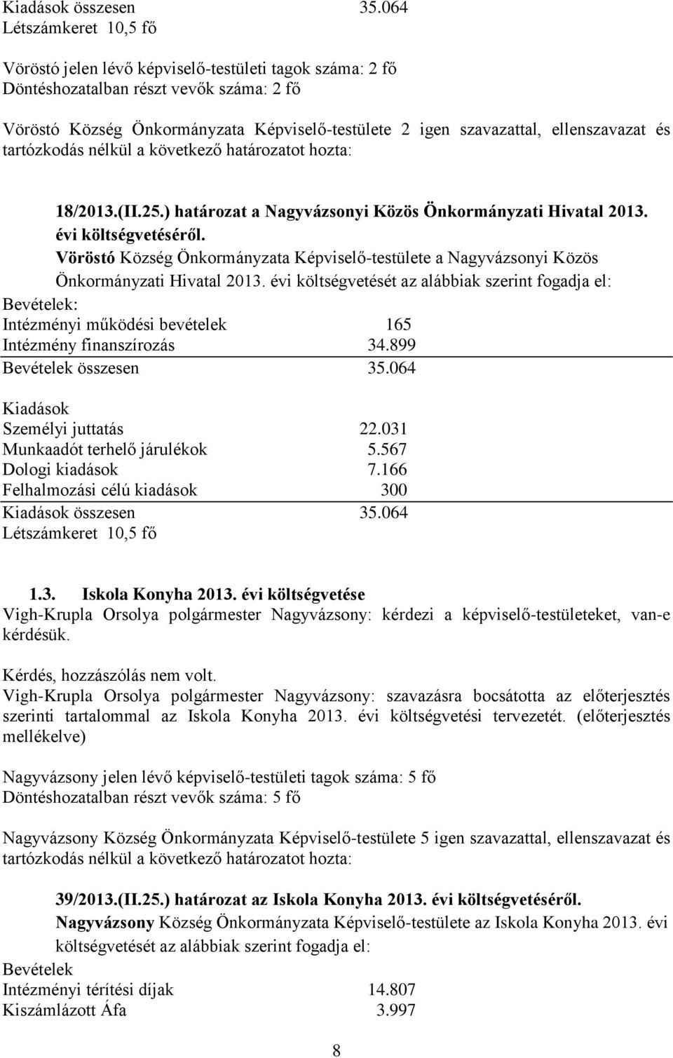 ellenszavazat és 18/2013.(II.25.) határozat a Nagyvázsonyi Közös Önkormányzati Hivatal 2013. évi költségvetéséről.