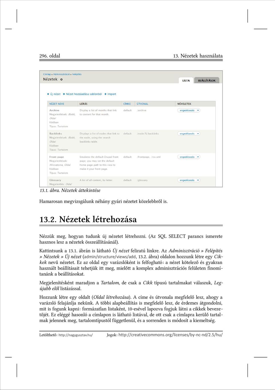 Az Adminisztráció» Felépítés» Nézetek» Új nézet (admin/structure/views/add, 13.2. ábra) oldalon hozzunk létre egy Cikkek nevű nézetet.