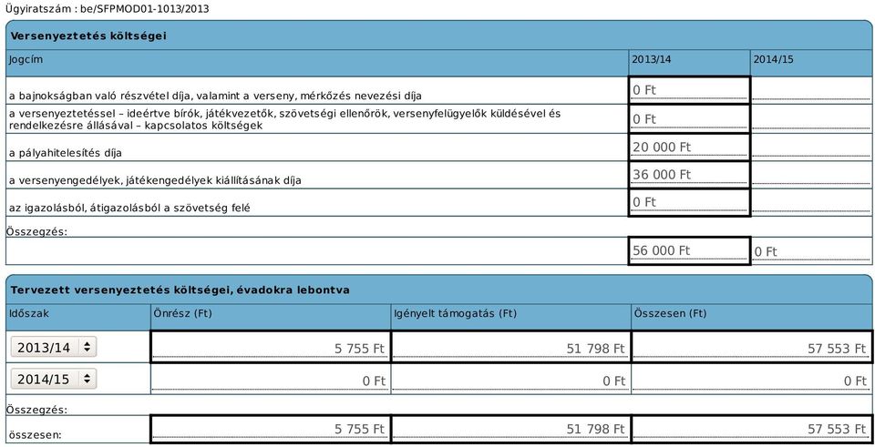 versenyengedélyek, játékengedélyek kiállításának díja az igazolásból, átigazolásból a szövetség felé 0 Ft 0 Ft 20 000 Ft 36 000 Ft 0 Ft 56 000 Ft 0 Ft