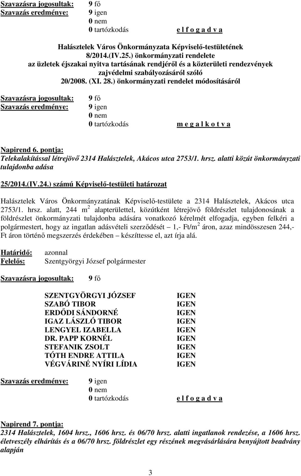 ) önkormányzati rendelet módosításáról 0 tartózkodás m e g a l k o t v a Napirend 6. pontja: Telekalakítással létrejövő 2314 Halásztelek, Akácos utca 2753/1. hrsz.