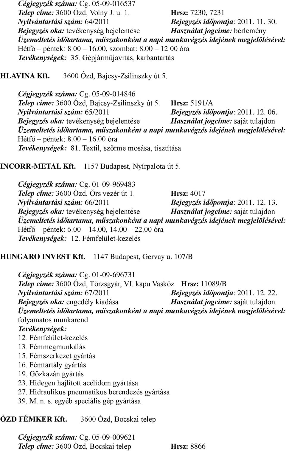 Hrsz: 5191/A Nyilvántartási szám: 65/2011 Bejegyzés időpontja: 2011. 12. 06. Hétfő péntek: 8.00 16.00 óra Tevékenységek: 81. Textil, szőrme mosása, tisztítása INCORR-METAL Kft.