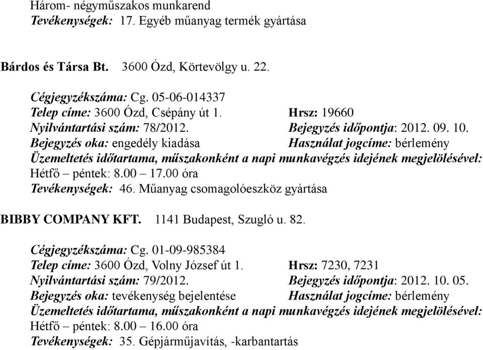 00 óra Tevékenységek: 46. Műanyag csomagolóeszköz gyártása BIBBY COMPANY KFT. 1141 Budapest, Szugló u. 82. Cégjegyzékszáma: Cg.