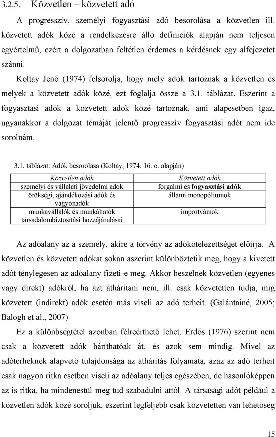 Koltay Jenő (1974) felsorolja, hogy mely adók tartoznak a közvetlen és melyek a közvetett adók közé, ezt foglalja össze a 3.1. táblázat.