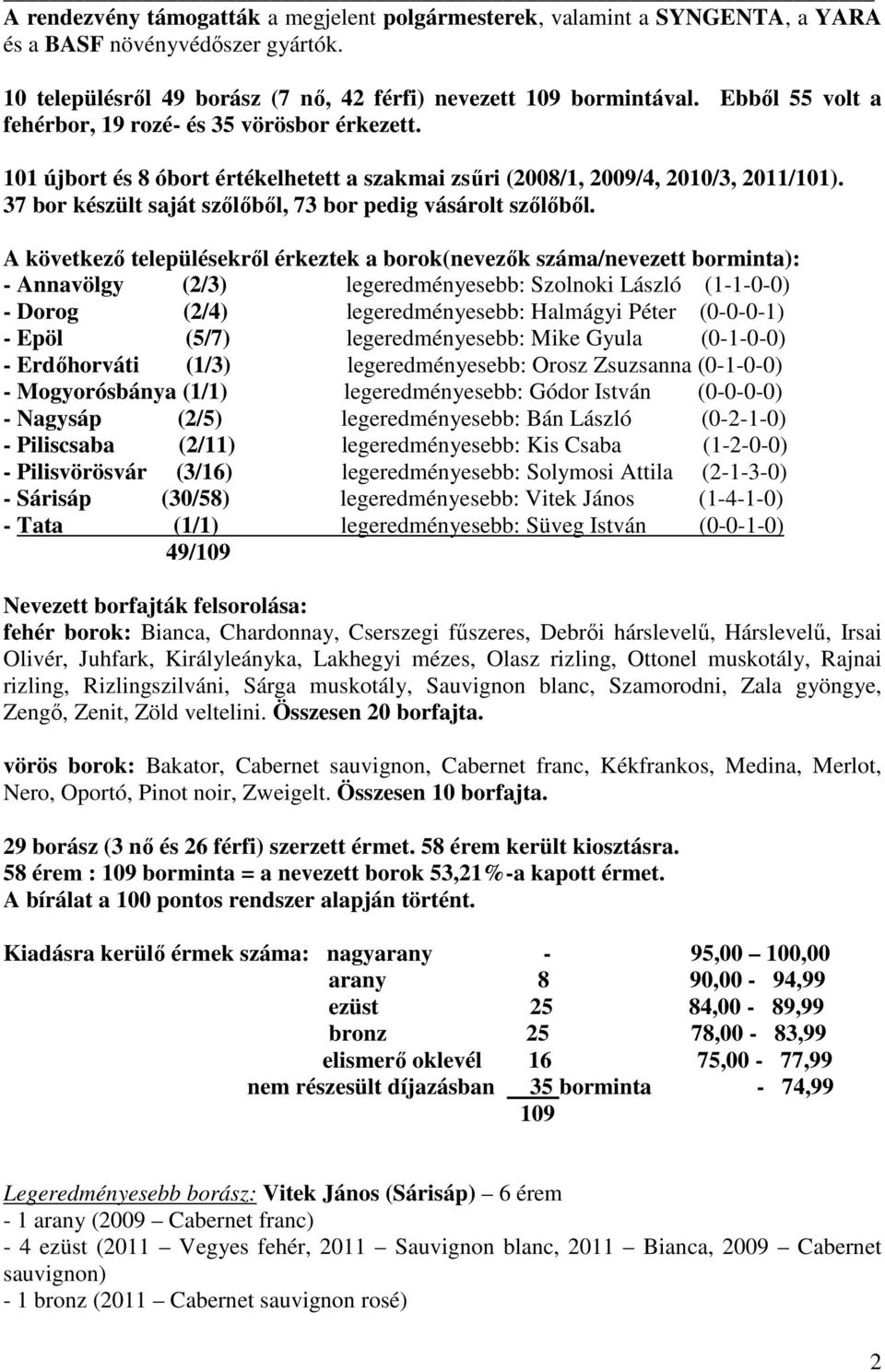 37 bor készült saját szőlőből, 73 bor pedig vásárolt szőlőből.