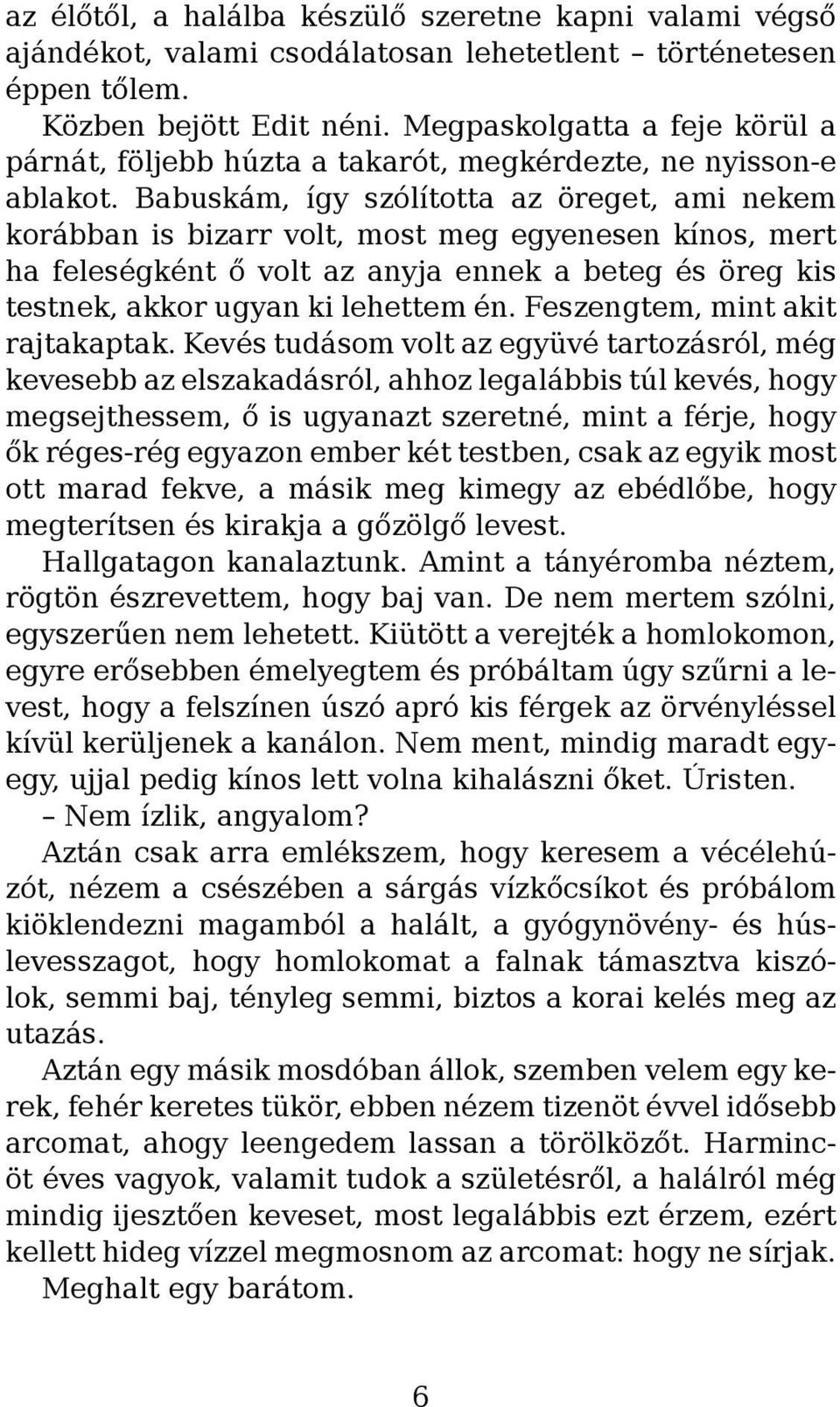 Babuskám, így szólította az öreget, ami nekem korábban is bizarr volt, most meg egyenesen kínos, mert ha feleségként ő volt az anyja ennek a beteg és öreg kis testnek, akkor ugyan ki lehettem én.