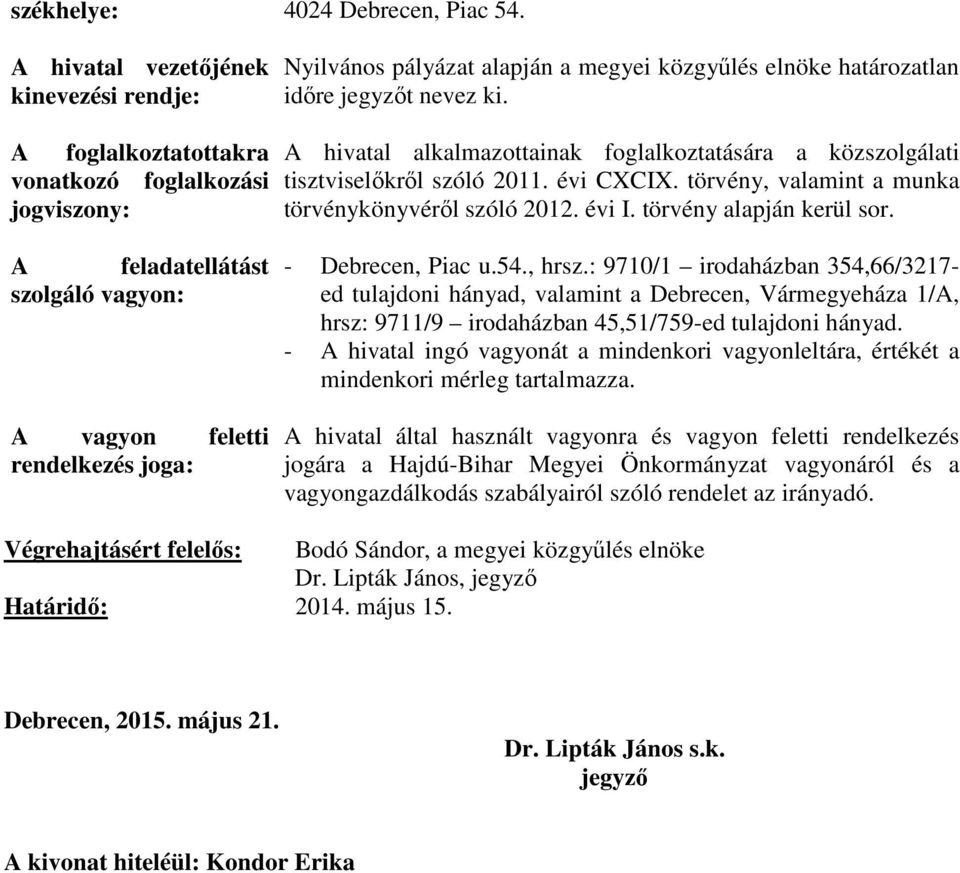 megyei közgyűlés elnöke határozatlan időre jegyzőt nevez ki. A hivatal alkalmazottainak foglalkoztatására a közszolgálati tisztviselőkről szóló 2011. évi CXCIX.