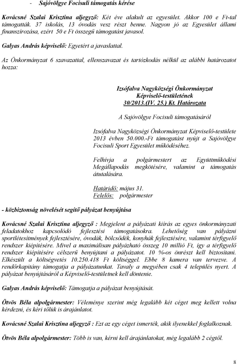 Határozata A Sajóvölgye Focisuli támogatásáról Képviselő-testülete 2013 évben 50.000.-Ft támogatást nyújt a Sajóvölgye Focisuli Sport Egyesület működéséhez.