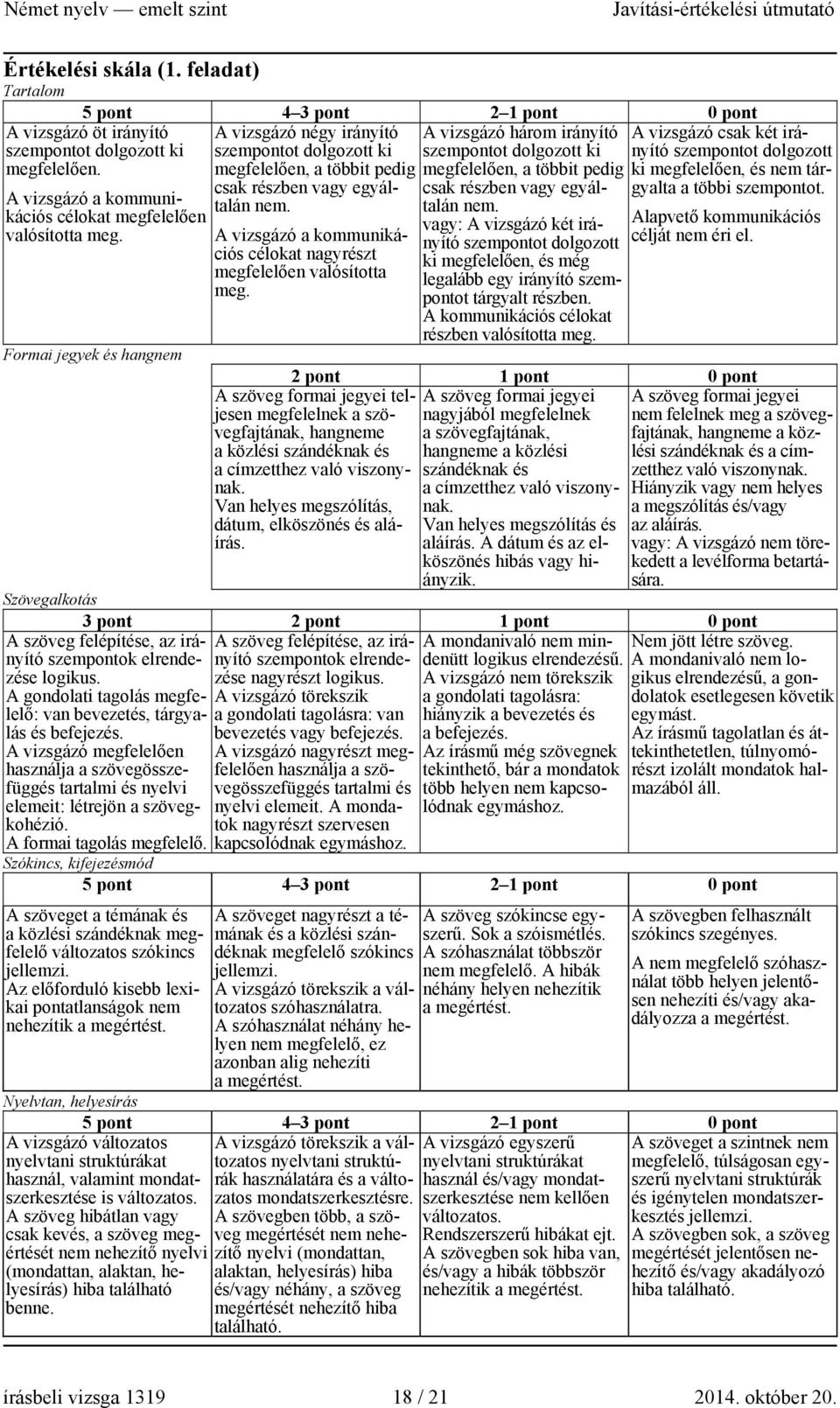 Formai jegyek és hangnem A vizsgázó a kommunikációs célokat nagyrészt megfelelően valósította meg.