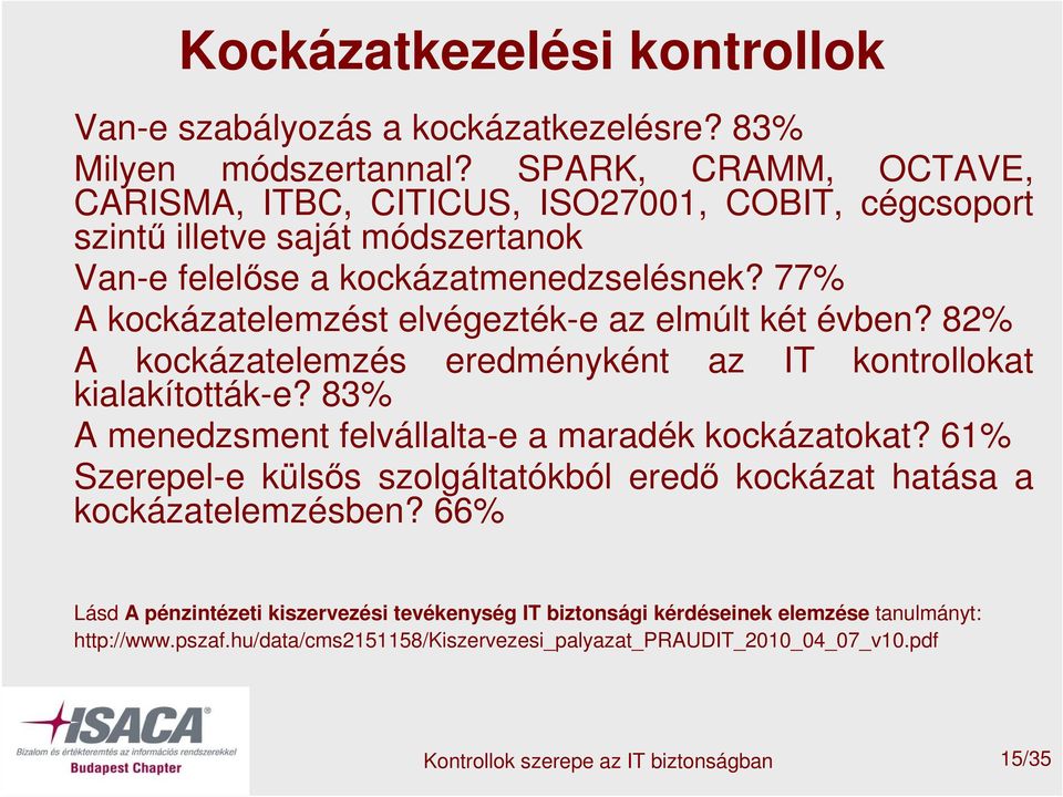 77% A kockázatelemzést elvégezték-e az elmúlt két évben? 82% A kockázatelemzés eredményként az IT kontrollokat kialakították-e? 83% A menedzsment felvállalta-e a maradék kockázatokat?