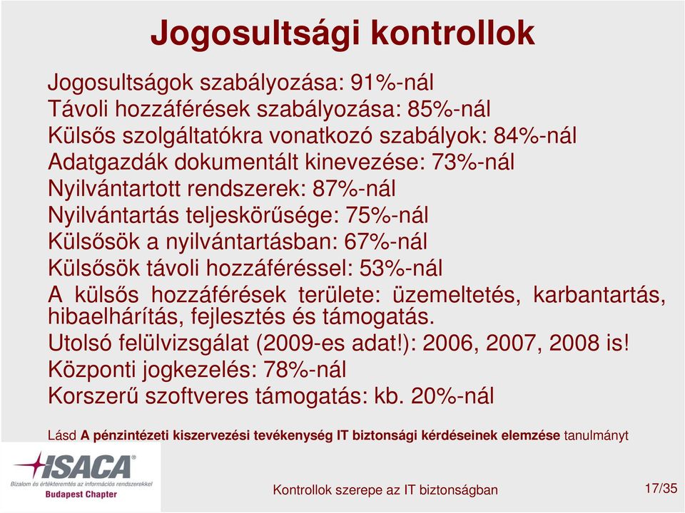 hozzáférések területe: üzemeltetés, karbantartás, hibaelhárítás, fejlesztés és támogatás. Utolsó felülvizsgálat (2009-es adat!): 2006, 2007, 2008 is!