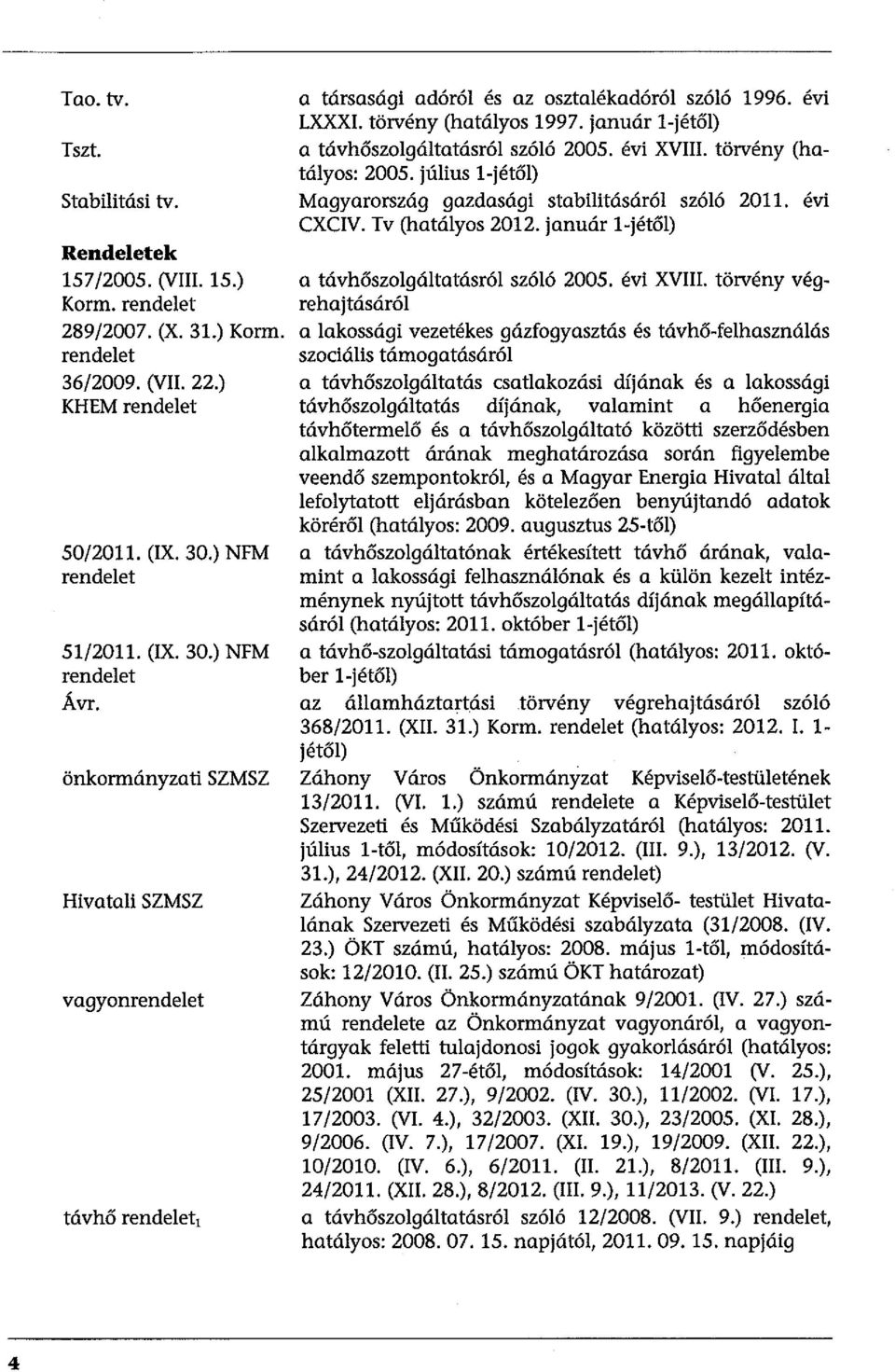 január l-jétől) a távhőszolgáltatásról szóló 2005. évi XVIII. törvény (hatályos: 2005. július l-jétől) Magyarország gazdasági stabilitásáról szóló 2011. évi CXCIV. Tv (hatályos 2012.