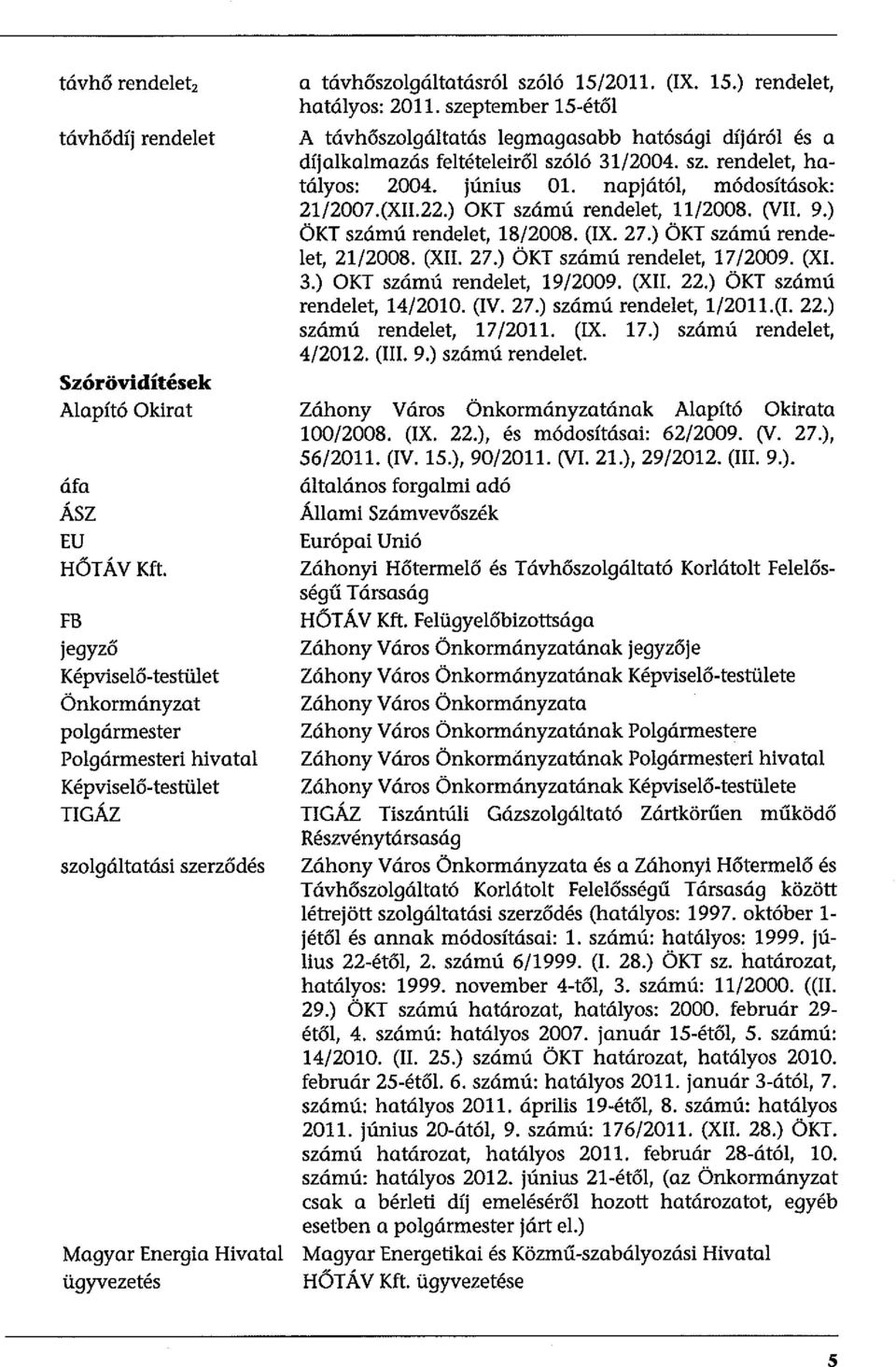 szeptember 15-étől A távhőszolgáltatás legmagasabb hatósági díjáról és a díjalkalmazás feltételeiről szóló 31/2004. sz. rendelet, hatályos: 2004. JUmus Ol. napjától, módosítások: 21/2007.(XII.22.