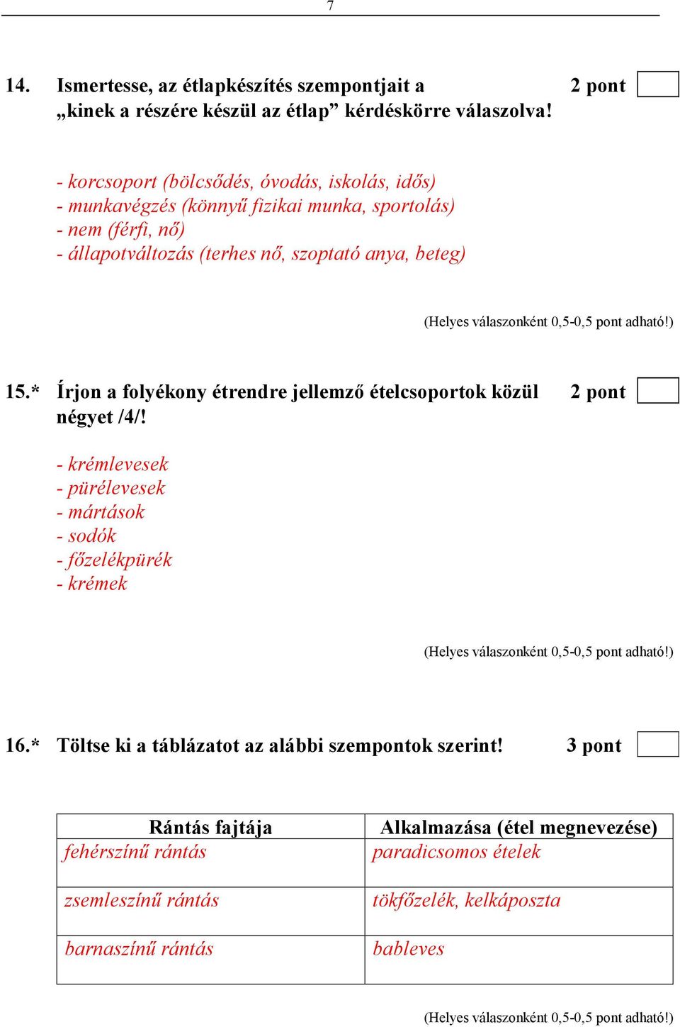 beteg) 15.* Írjon a folyékony étrendre jellemzı ételcsoportok közül 2 pont négyet /4/! - krémlevesek - pürélevesek - mártások - sodók - fızelékpürék - krémek 16.