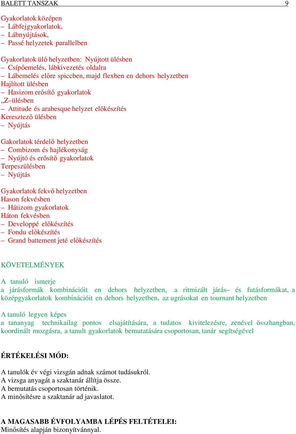 Combizom és hajlékonyság Nyújtó és erősítő gyakorlatok Terpeszülésben Nyújtás Gyakorlatok fekvő helyzetben Hason fekvésben Hátizom gyakorlatok Háton fekvésben Developpé előkészítés Fondu előkészítés