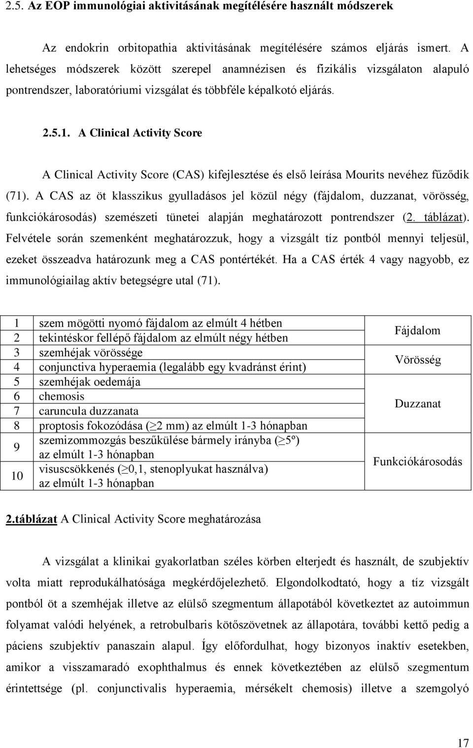 A Clinical Activity Score A Clinical Activity Score (CAS) kifejlesztése és első leírása Mourits nevéhez fűződik (71).