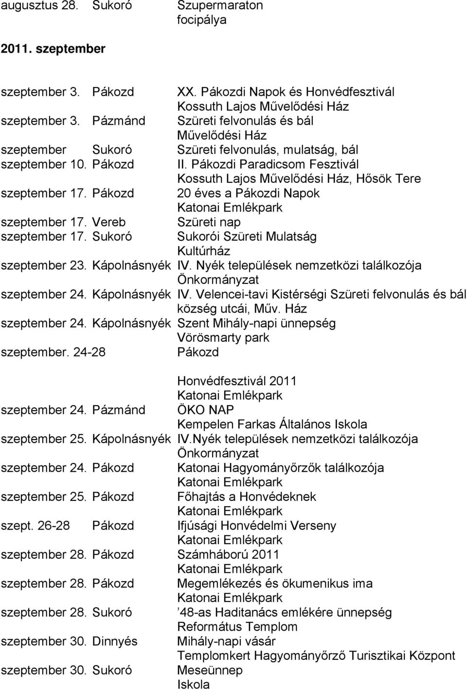 Pákozd 20 éves a Pákozdi Napok szeptember 17. Vereb Szüreti nap szeptember 17. Sukoró Sukorói Szüreti Mulatság Kultúrház szeptember 23. Kápolnásnyék IV.
