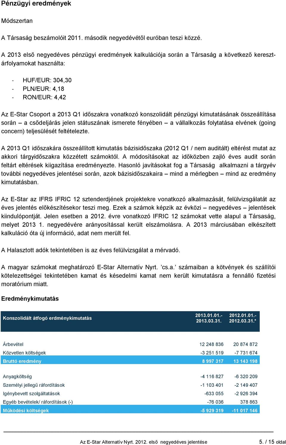 időszakra vonatkozó konszolidált pénzügyi kimutatásának összeállítása során a csődeljárás jelen státuszának ismerete fényében a vállalkozás folytatása elvének (going concern) teljesülését