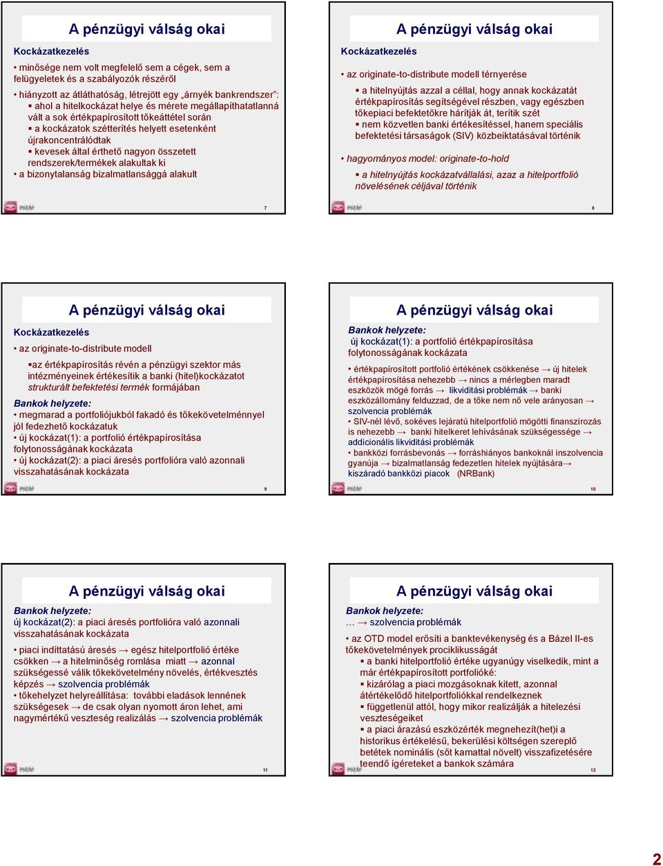 alakultak ki a bizonytalanság bizalmatlansággá alakult Kockázatkezelés az originate-to-distribute modell térnyerése a hitelnyújtás azzal a céllal, hogy annak kockázatát értékpapírosítás segítségével