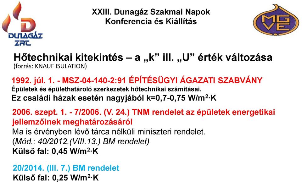 Ez családi házak esetén nagyjából k=0,7-0,75 W/m 2 K 2006. szept. 1. - 7/2006. (V. 24.