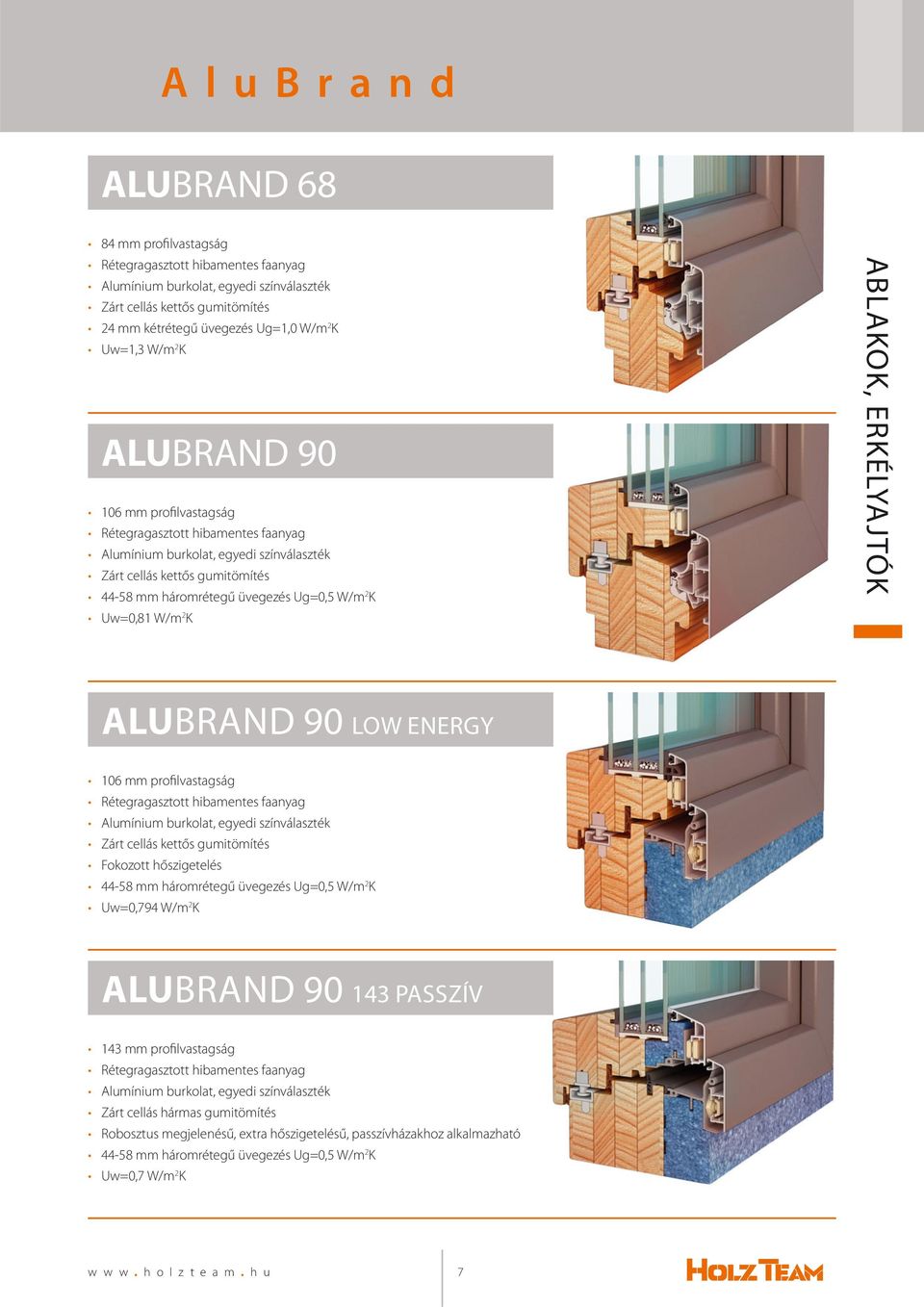 106 mm profilvastagság Rétegragasztott hibamentes faanyag Alumínium burkolat, egyedi színválaszték Fokozott hőszigetelés 44-58 mm háromrétegű üvegezés Ug=0,5 W/m 2 K Uw=0,794 W/m 2 K ALUBRAND 90 143
