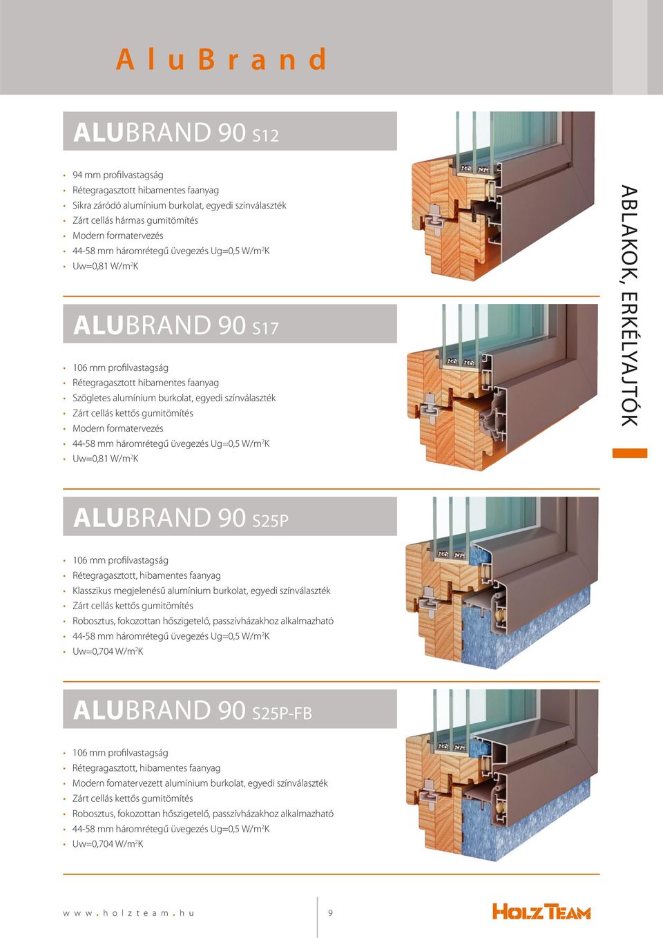 44-58 mm háromrétegű üvegezés Ug=0,5 W/m 2 K Uw=0,81 W/m 2 K ABLAKOK, ERKÉLYAJTÓK ALUBRAND 90 S25P 106 mm profilvastagság Rétegragasztott, hibamentes faanyag Klasszikus megjelenésű alumínium