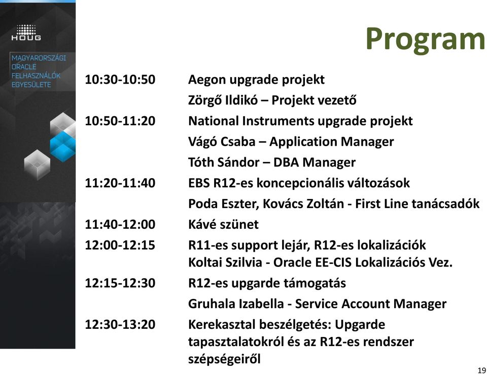 tanácsadók 12:00-12:15 R11-es support lejár, R12-es lokalizációk Koltai Szilvia - Oracle EE-CIS Lokalizációs Vez.